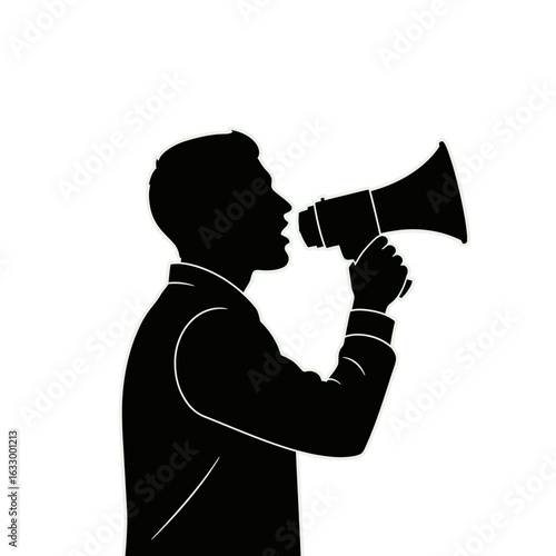 A black silhouette of a man in profile shouting into a megaphone against a white background.