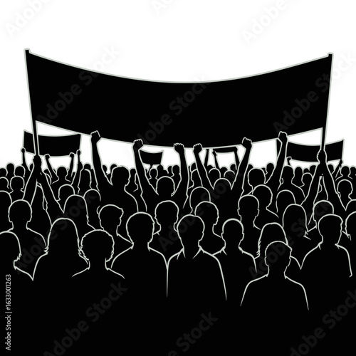 A silhouette of a large crowd of protesters at a demonstration, holding up blank banners and raising their fists.