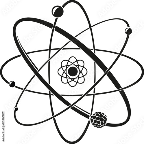 Scientific atom model black orbits electrons nucleus white atomic science style vector illustration EPS file download