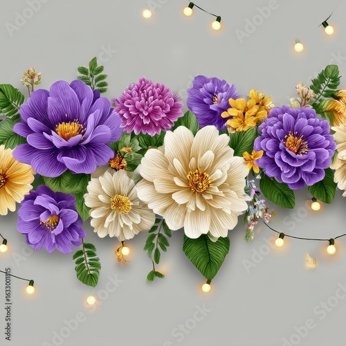 Wallpaper Mural Vibrant Purple Cream Yellow Flower Arrangement with String Lights on Gray Torontodigital.ca
