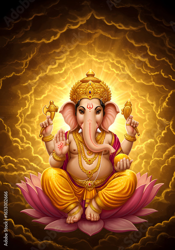 Lord Ganesha Digital Art Hindu God of Wisdom, Remover of Obstacles, Sitting on Lotus, Golden Aura.