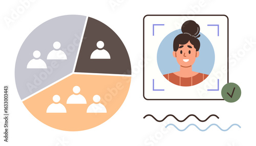 Pie chart dividing groups, framed user profile, and verified checkmark emphasize analytics, segmentation, and personalization. Ideal for marketing, hiring, identification, strategy consumer insight
