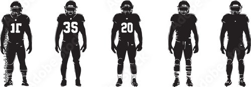 Five football players in silhouette ready to play