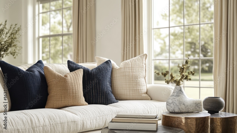 Fototapeta premium Cozy living room with modern sofa and decorative pillows by large windows