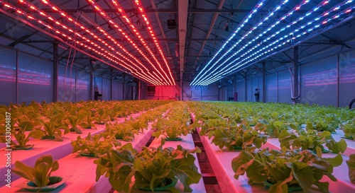 Hydroponic Greenhouse with LED Lighting and Growing Lettuce.