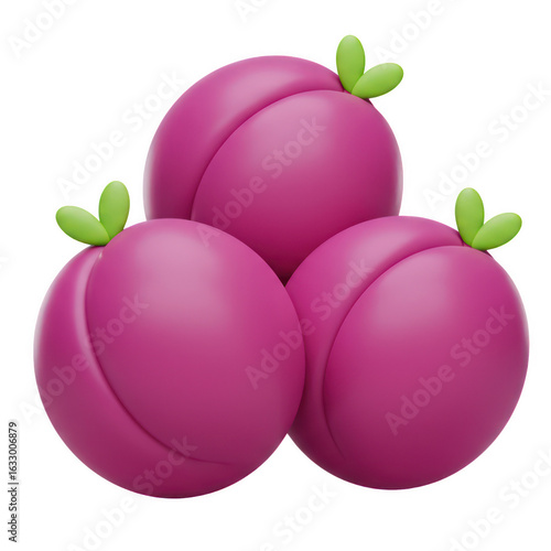 Stock photo of purple plums with green leaves isolated on black background render