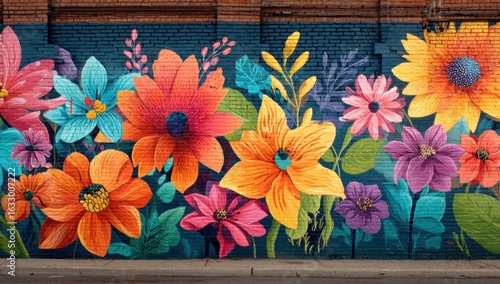 Vibrant floral mural adorns a textured brick wall, showcasing a burst of colorful blossoms and lush foliage in a captivating urban art display.