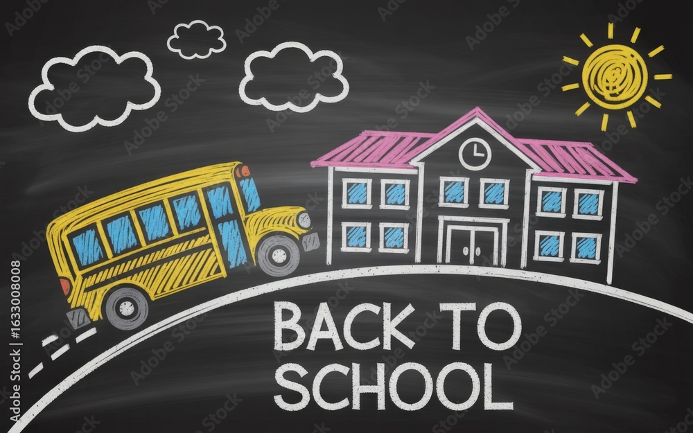 Fototapeta premium Chalk drawing of a school bus near a school with sun clouds 'BACK TO SCHOOL' text is visible
