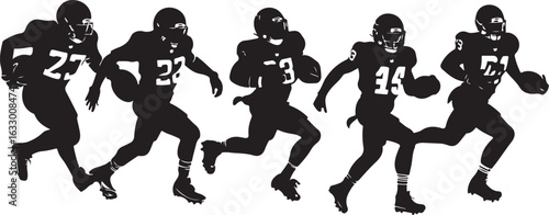 Dynamic football players sprint forward in action silhouettes