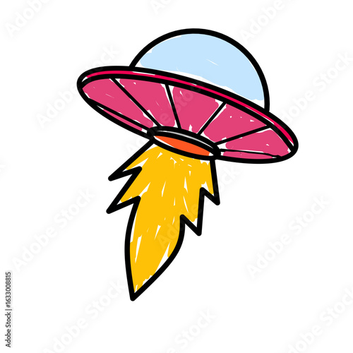 Children's style colored pencil hand drawn UFO set. Vector illustration 