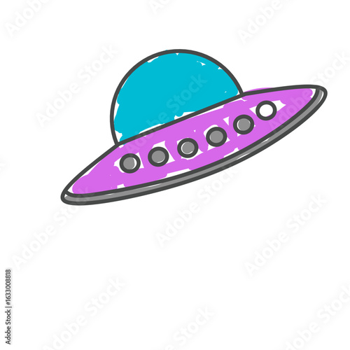 Children's style colored pencil hand drawn UFO set. Vector illustration 