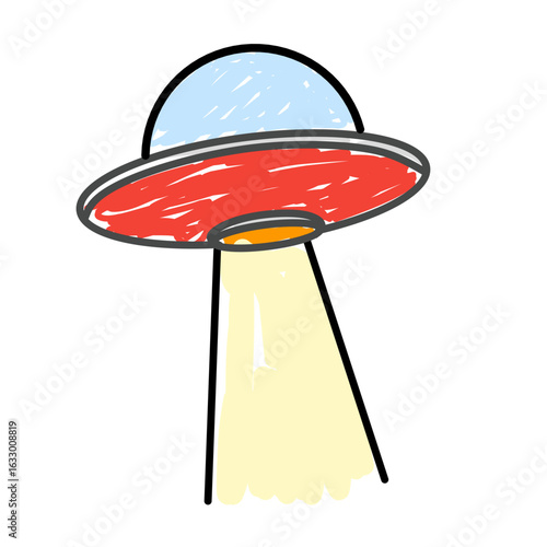 Children's style colored pencil hand drawn UFO set. Vector illustration 