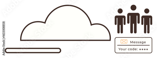 Cloud icon with progress bar, three figures, login form with password and message input. Ideal for teamwork, data security, cloud computing, online collaboration, user authentication, technology