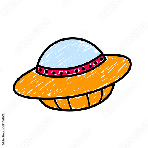 Children's style colored pencil hand drawn UFO set. Vector illustration 
