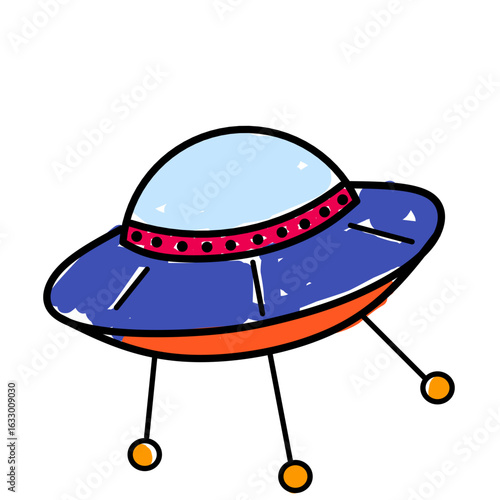Children's style colored pencil hand drawn UFO set. Vector illustration 