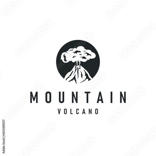 Volcano logo concept with black silhouette of erupting mountain, nature design and illustration template for brand or poster