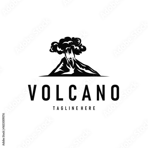Volcano logo concept with black silhouette of erupting mountain, nature design and illustration template for brand or poster