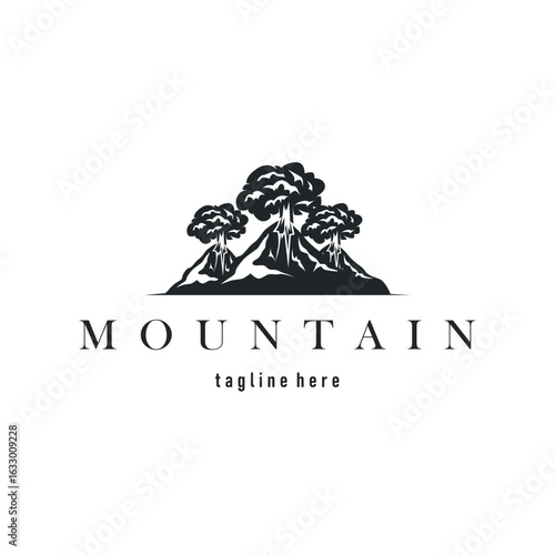Volcano logo concept with black silhouette of erupting mountain, nature design and illustration template for brand or poster
