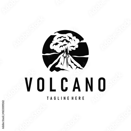Volcano logo concept with black silhouette of erupting mountain, nature design and illustration template for brand or poster