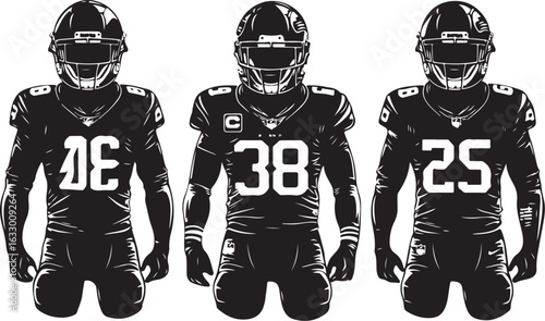 Three football players in uniform ready for game