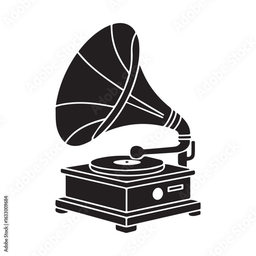 Classic gramophone silhouette icon, retro phonograph vector art on transparent background for audio, history, and vintage design