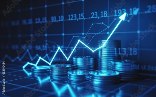 Wallpaper Mural Luminous blue financial line graph with an upward arrow and data grid Stacks of coins signify Torontodigital.ca