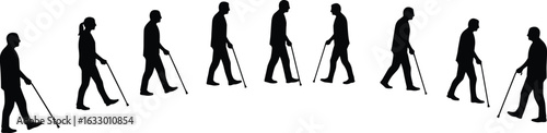 Silhouettes of elderly people walking with canes, health, mobility, aging, independence, senior care, rehabilitation, physical therapy, active lifestyle concept.