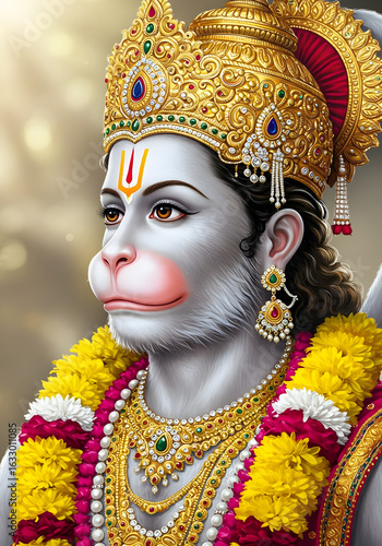 Hanuman Portrait, Hindu Deity, Monkey God, Golden Crown and Jewelry, Religious Art, Indian Culture, Mythology Illustration.