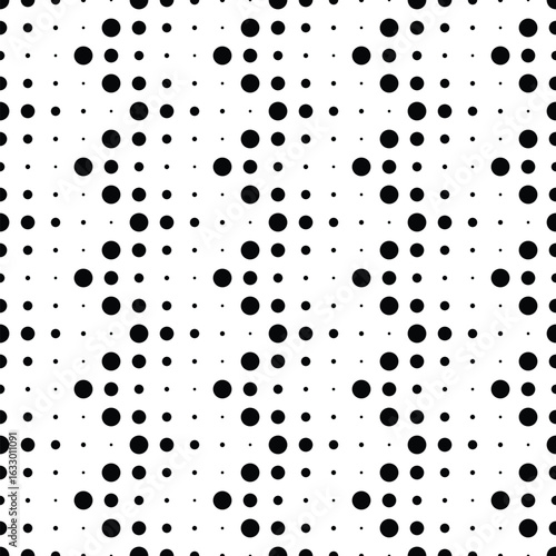 Abstract Dot Pattern: A minimalist graphic, featuring a sophisticated arrangement of randomly sized black dots, creating a unique texture and visual rhythm on the image.