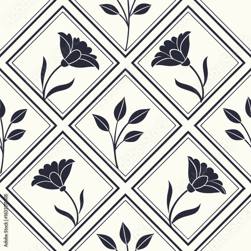 Diamond tiling with flower silhouettes inside each shape, seamless vector tile