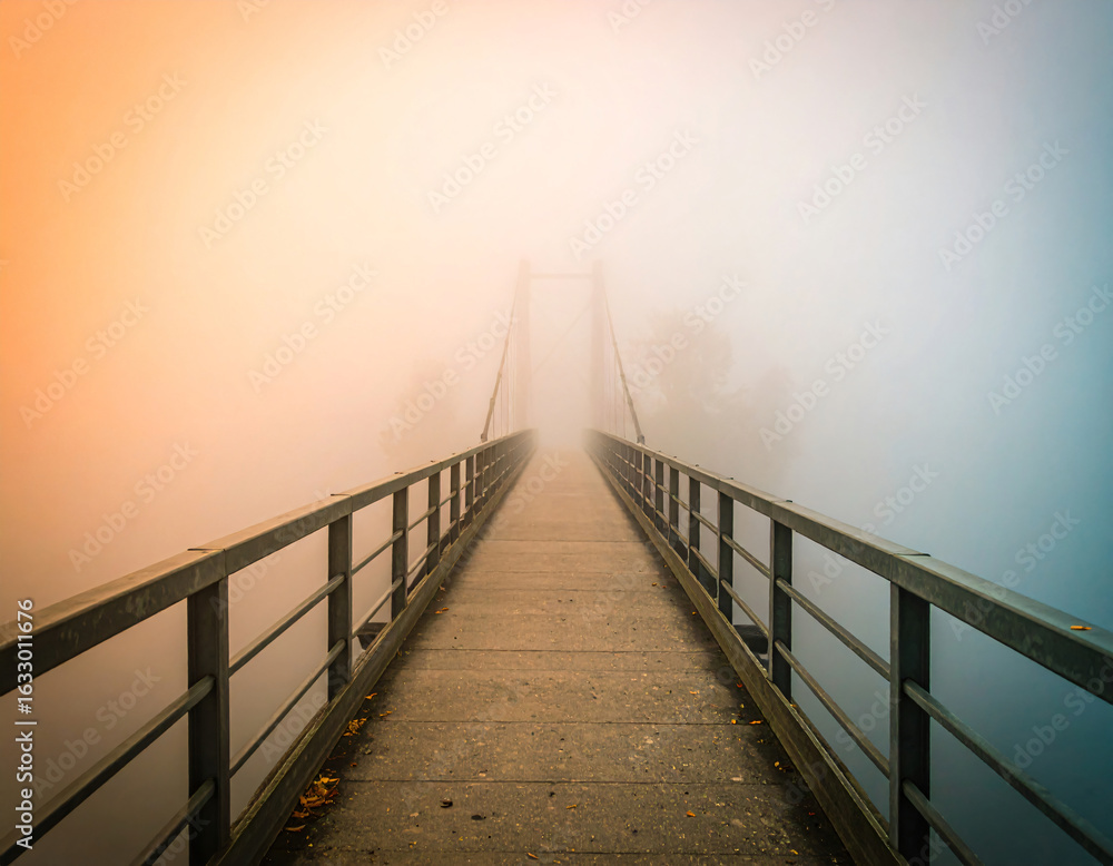 Obraz premium Suspension bridge with wooden planks stretches into dense fog, creating mysterious and adventurous atmosphere, surrounded by misty forest and steel cables