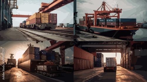 Four panels showing diverse elements of a busy harbor complex during the golden hour.  A mix of containerships, trains, and port equipment is visible.