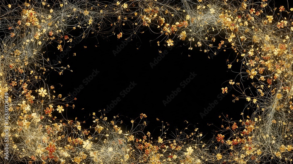 Fototapeta premium Gold flowers bloom amidst thin, twisted vines, framing a void on black background