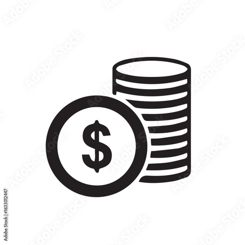 Dollar sign coin and stack of money icon. A simple black vector graphic representing finance,currency, savings, and investment.