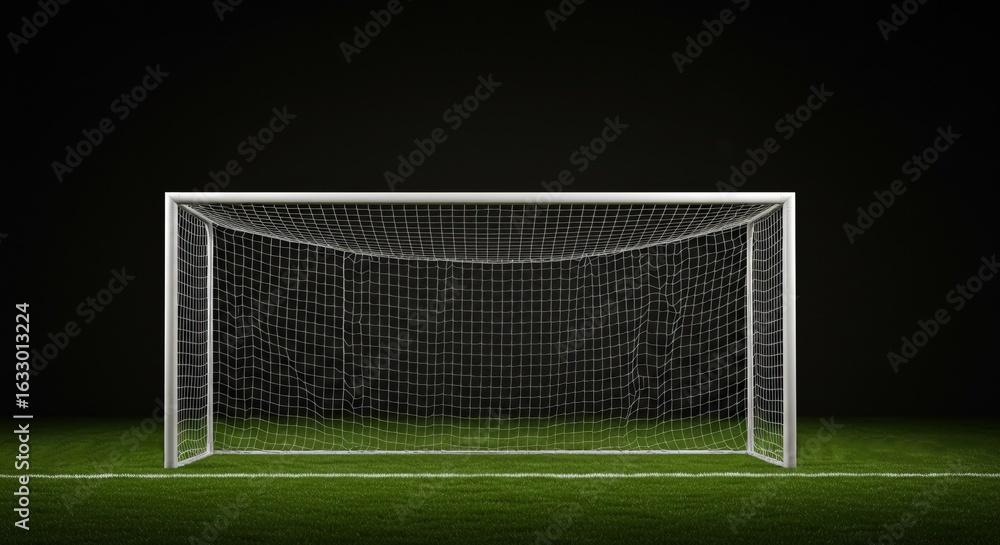Fototapeta premium Isolated White Soccer Goal on Green Grass Field at Night