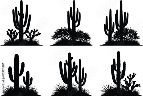 Silhouette collection of various desert cacti and succulents with sparse vegetation against a white background