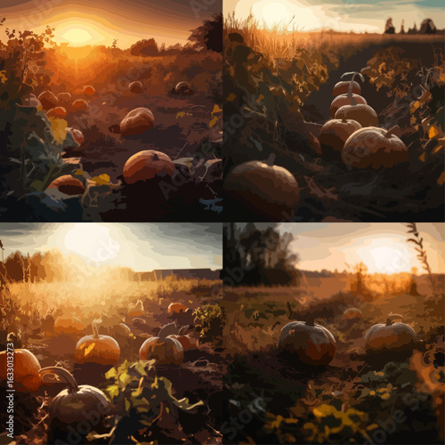 Four images of pumpkins in a field during a golden sunset.  Each view showcases the pumpkins scattered on the ground amid plants.