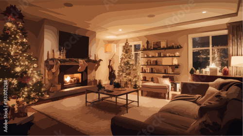 Well-lit, spacious living room with a Christmas tree and fireplace. The room is decorated for the holidays with festive items and warm, inviting ambiance.
