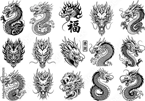 Collection of intricate black and white dragon designs and illustrations with a japanese calligraphy character for fortune