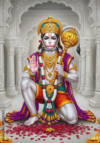 Lord Hanuman Illustration Hindu Deity Art, Indian God of Strength, Religion, Temple Decor.