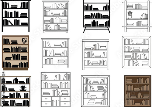 Collection of diverse bookshelves filled with books showcasing various styles and designs in a grid layout