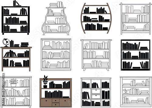 Collection of diverse bookshelf designs featuring various styles and arrangements of books and decorative items