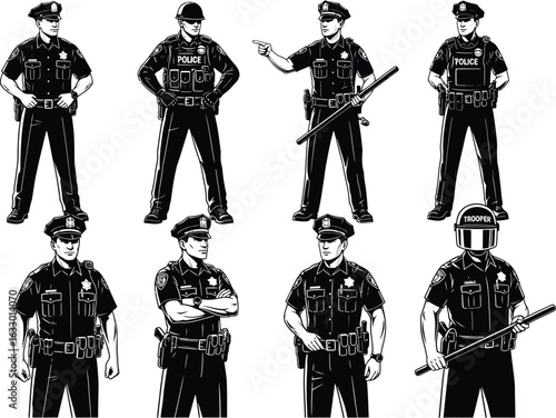 Collection of eight diverse police officers in uniform standing in various poses with batons and authority
