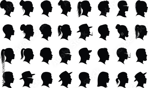 Diverse collection of black silhouette profiles showcasing a variety of hairstyles and headwear for men and women
