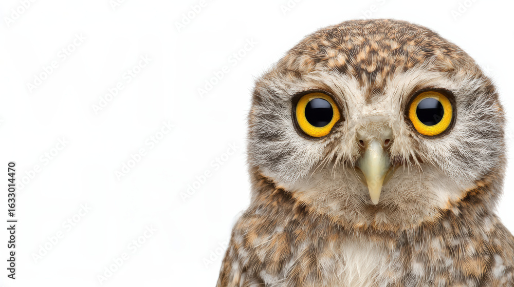 Fototapeta premium Owl with bright yellow eyes looking curious and alert
