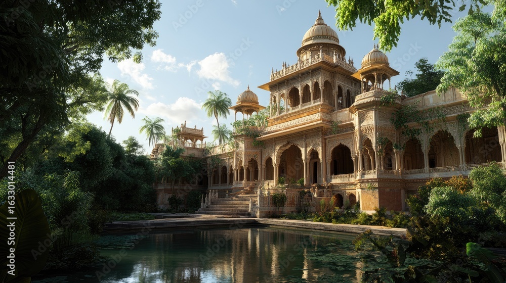 Obraz premium Serene Oasis: Architectural Marvel in Lush Tropical Paradise