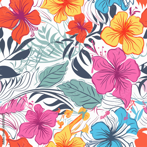 Repeating design of vivid hibiscus flowers and tropical foliage on a white background.  The intricate patterns create a summery and decorative look.