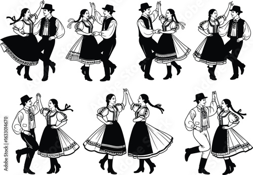 Collection of eight vintage black and white illustrations depicting couples in traditional folk costumes dancing lively folk dances