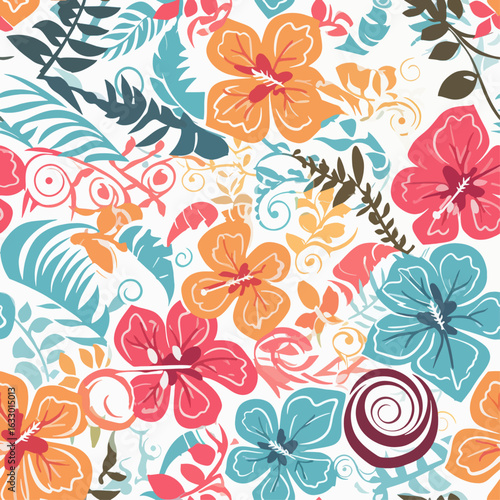 Visually appealing,  decorative pattern featuring hibiscus flowers,  tropical leaves and vines in a  variety of bright colors on a white background.