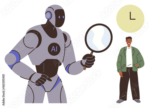 AI robot holding magnifying glass facing a man, exploring machine learning, technology ethics, data analysis, innovation, artificial intelligence, human collaboration, simple flat metaphor
